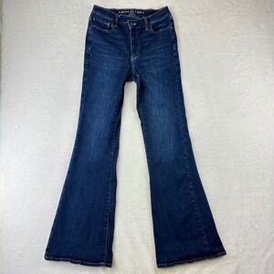 American Eagle Jeans Womens Super High-Rise Flare 6 Long Dark Blue Stretch Denim